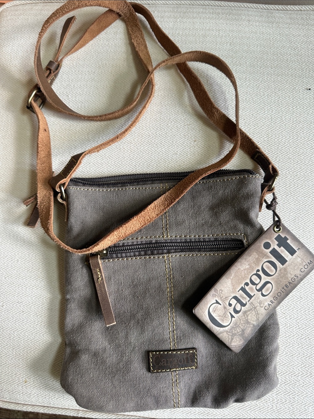 Gray Canvas Crossbody Bag with Tan Leather Strap